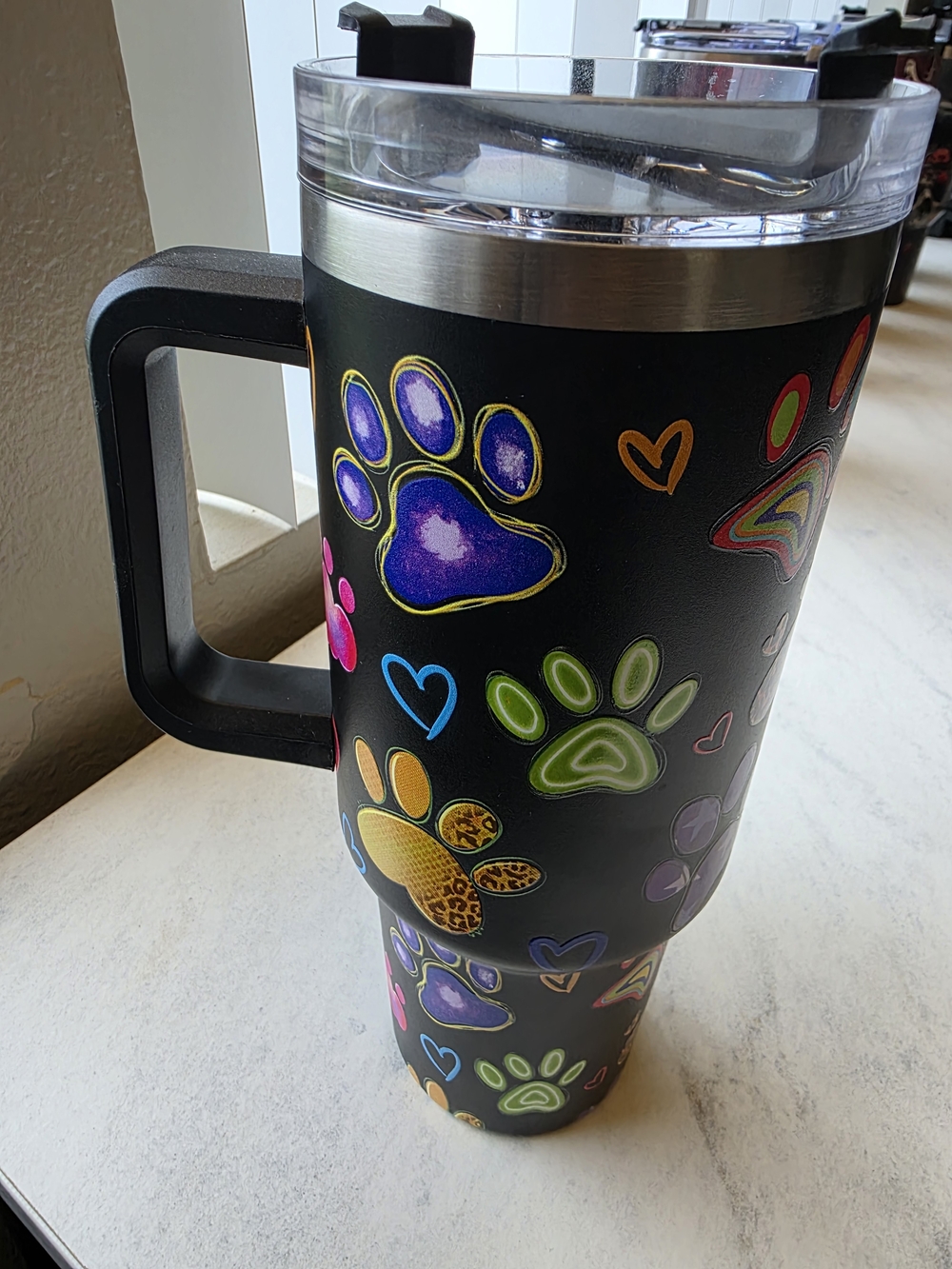 Matte Black Travel Tumbler with Colorful Paw Prints and Hearts